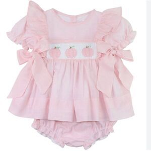 Cecil & Lou Pink smocked pumpkin 2 piece swiss dot diaper set size 3 months NWT